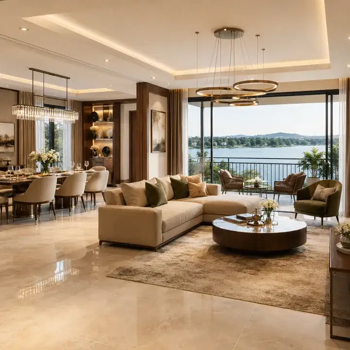 Prestige Rosewood show-home living interior at the lakefront Phase 3 of Prestige Raintree Park, Varthur